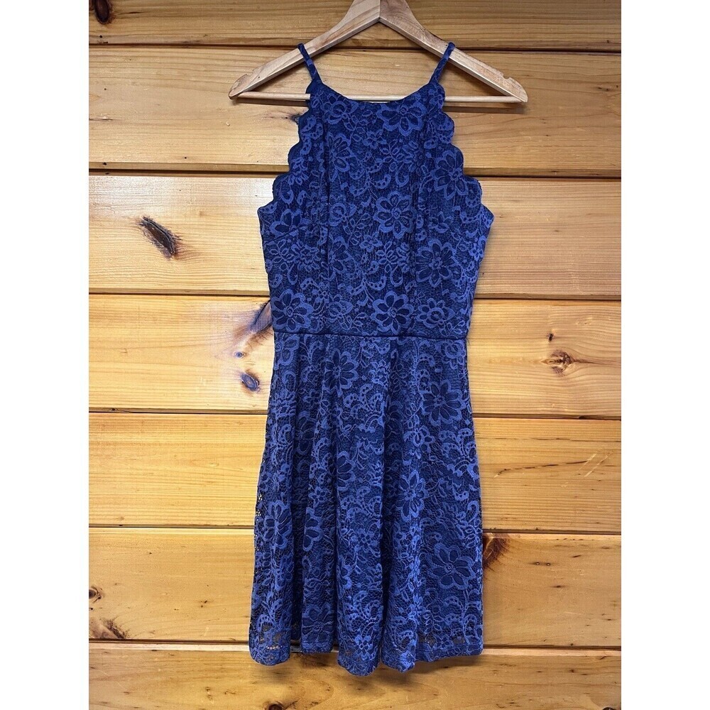 A. Byer Women's Blue Floral Lace Halter Sleeveless Lined A-Line Dress 9